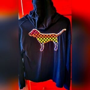 🆕️PINK vintage hooded long-sleeved rainbow BLING DOG Tee  *RARE. FIRM****